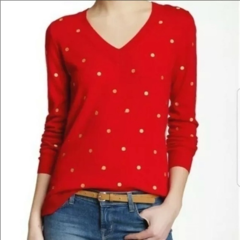 J. Crew Merino Wool Blend Red Gold Polka Dots Sweater